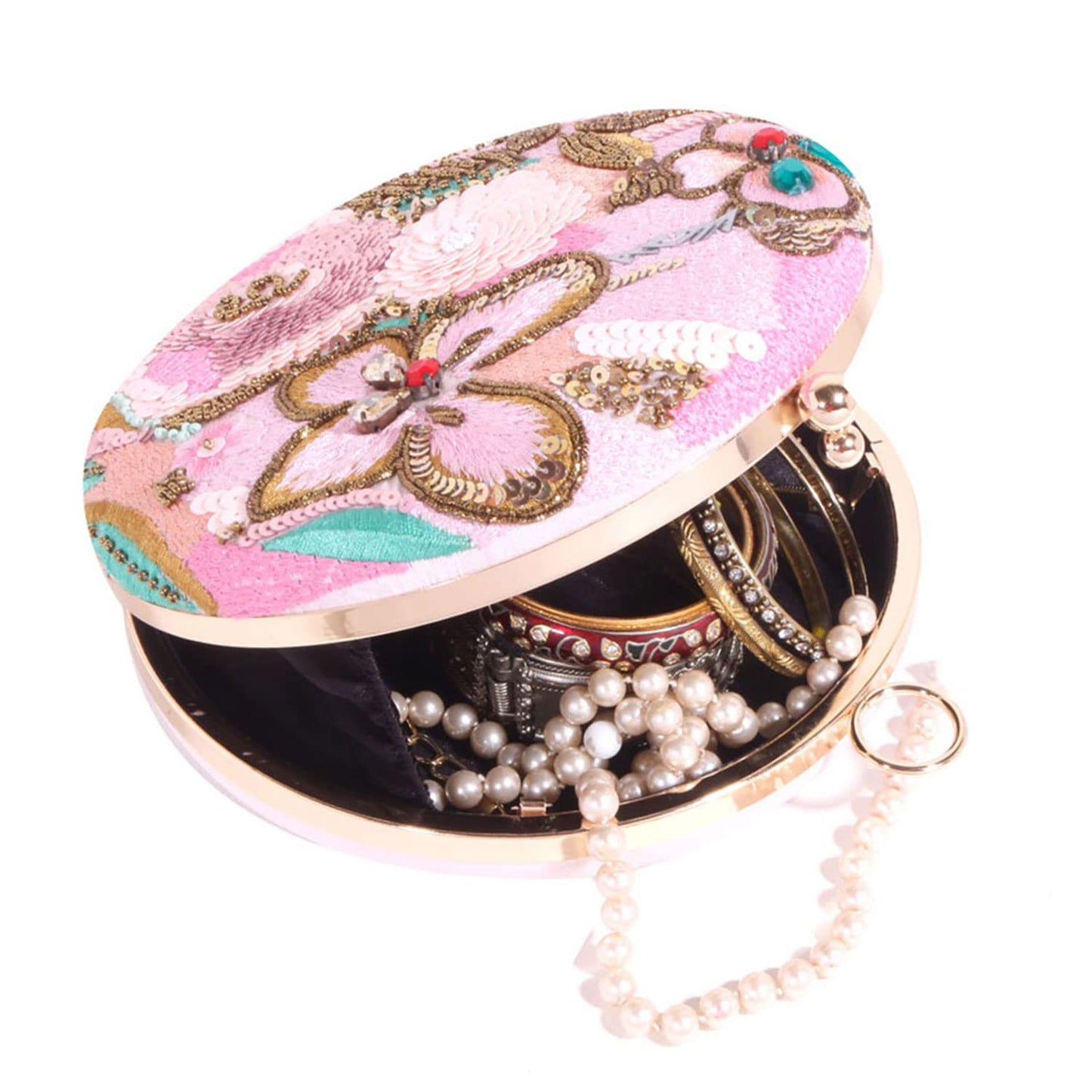SWISNI Light Pink Modish Handmade Embroidery Round Shape Clutch Bag For Party II Women's Traditional Designer Clutch For Women & Girls II EMBROIDERED CLUTCHES