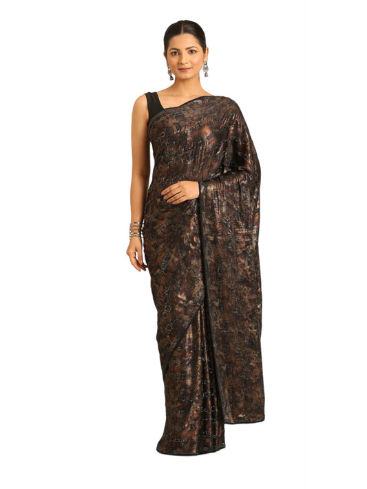 MOHEY Women's Black Georgette Printed|Stone Work Saree