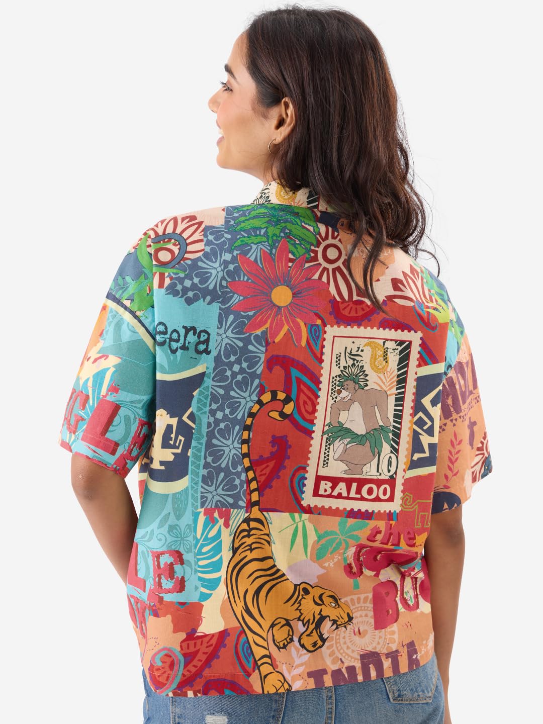 The Souled Store Official Jungle Book: Indie Vibe Women and Girls Short Sleeve Collared Neck Buttoned Front Oversized Fit Cotton Summer Shirts Multicolour