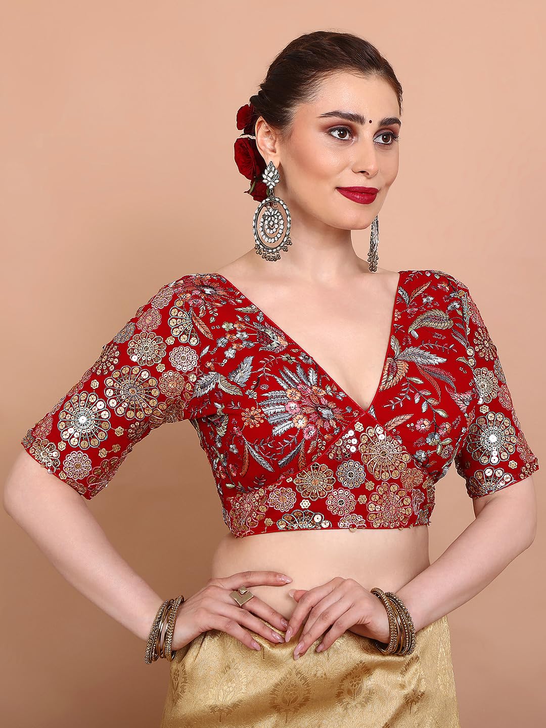 S SALWAR STUDIO Red Georgette Embroidered Readymade Alterable Blouse