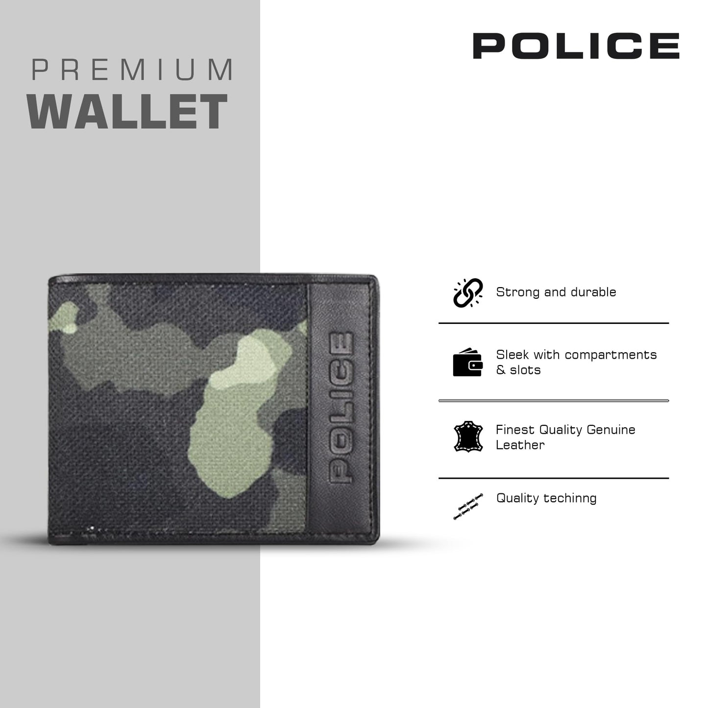 Police Branded Wallet for Men Original Leather | Premium Slim Wallet for Men Stylish Genuine Leather Gents Purse with 4 Card Holder Slots | 2 Slip-in Pockets | Ideal Diwali Gifts - Black