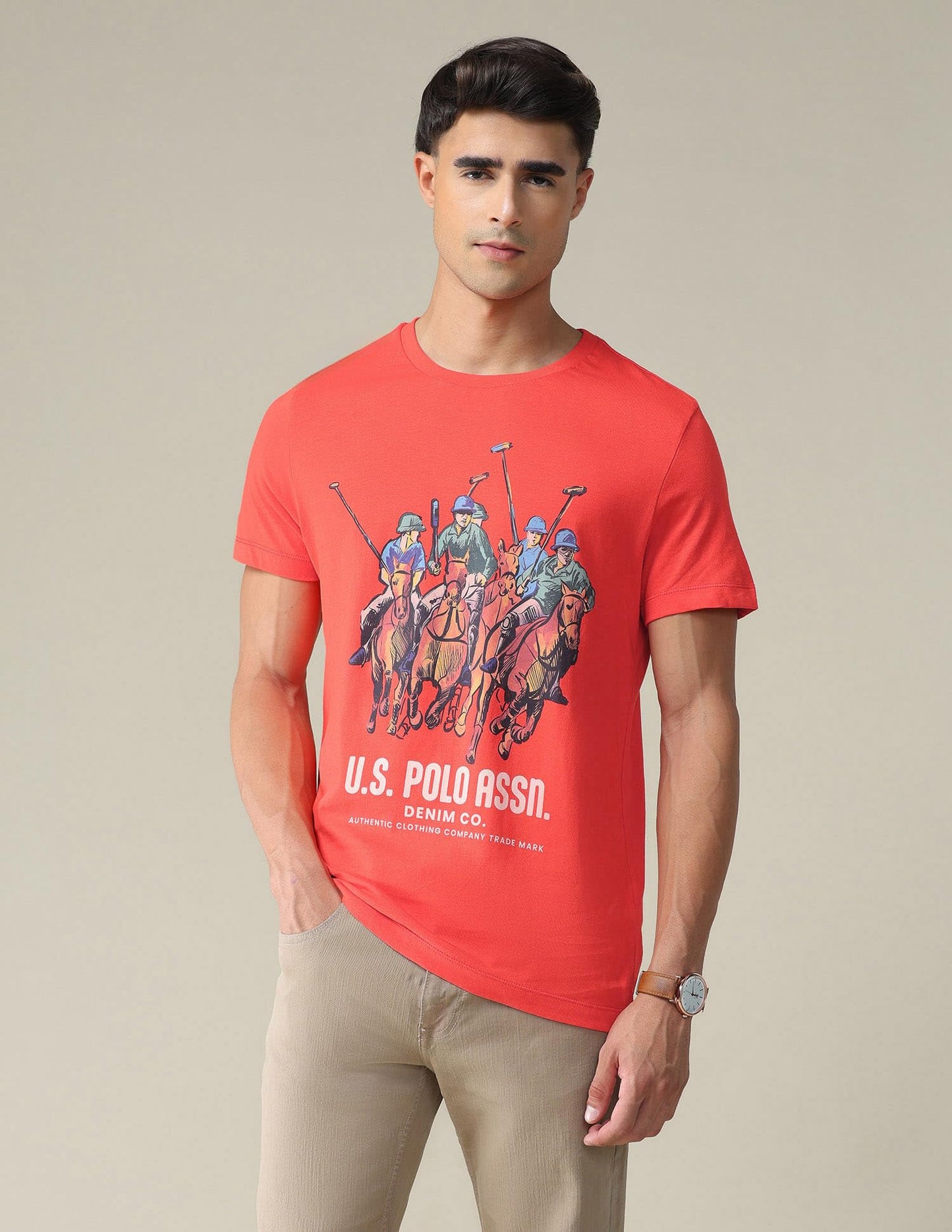 U.S. POLO ASSN. Brand Printed Cotton T-Shirts for Men - Slim Fit, Half Sleeves Mens Casual T Shirts Red