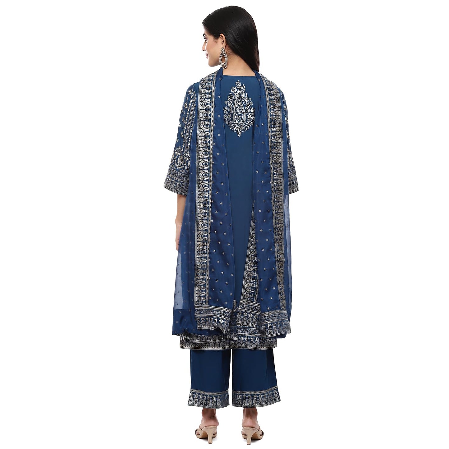 BIBA Women Polyester Blend Printed Straight Salwar Kurta Dupatta(Skddurgotsa8916_Teal_36), Green