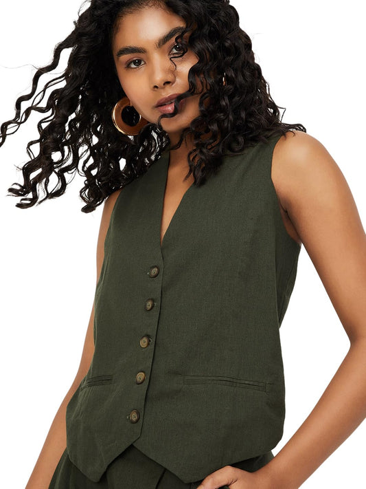 Max Women Solid Waistcoat Style Top_Olive_XS