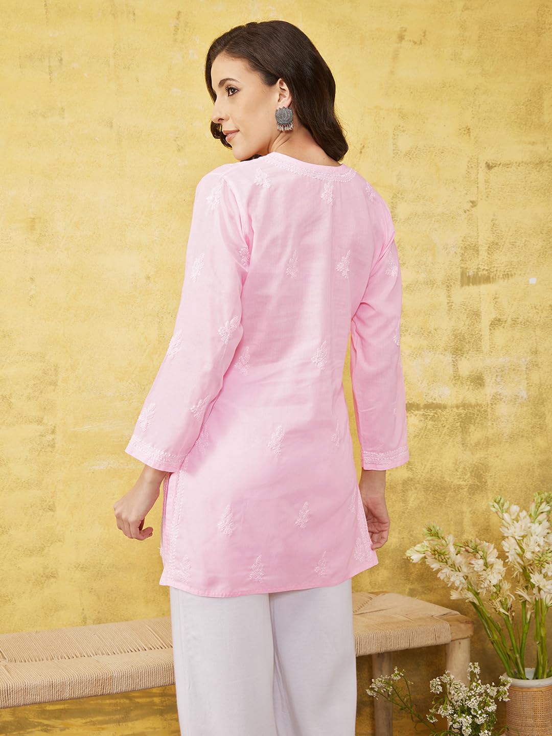 Ada Women's Cotton Top Tunic Hand Embroidered Lucknowi Chikankari Short Kurti A911262 Pink (XL)