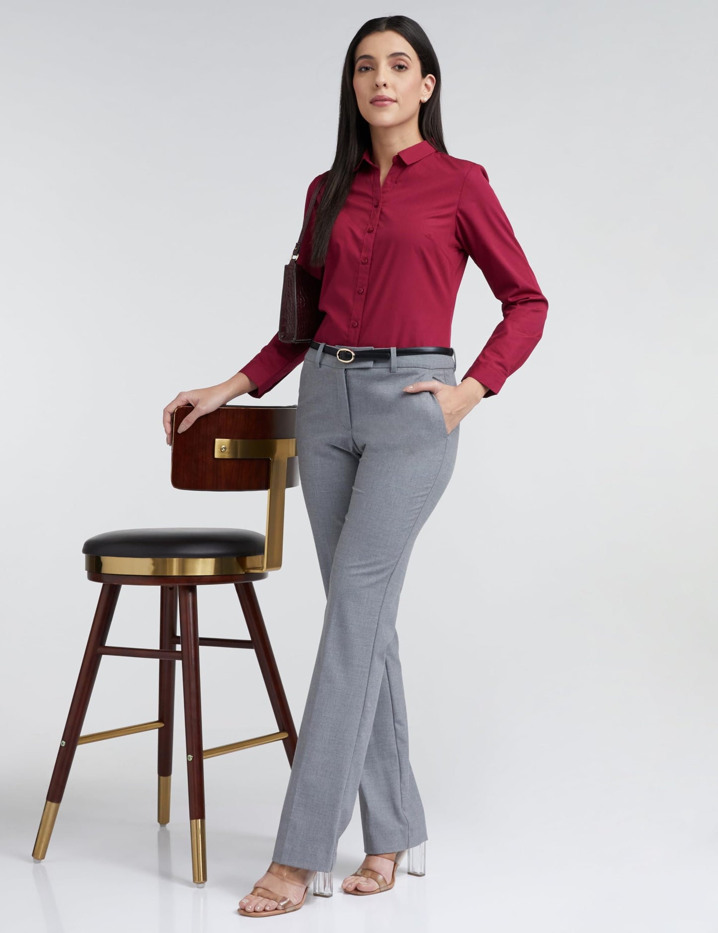 Allen Solly Women's Cotton Regular Fit Shirt (AHSFWRGBL00948_Wine, Small