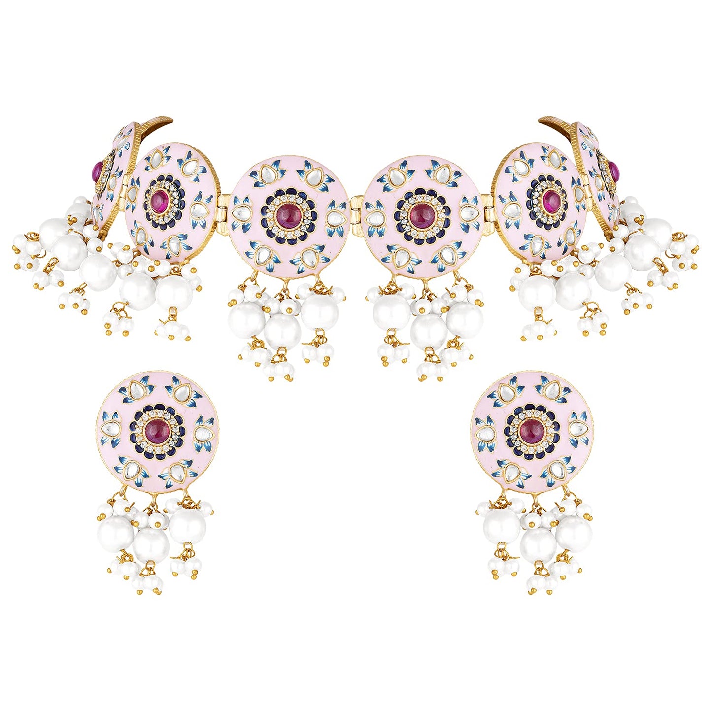 Peora Original Handcrafted Pink Meenakri Choker Necklace with Earrings Jewellery Set for Women