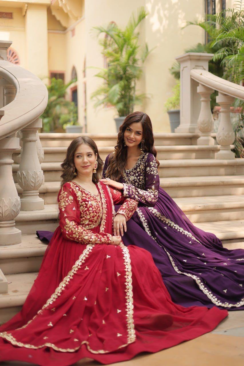Mehervaa by vinni Women's Purple Embroidered Anarkali Suit Set with Dupatta, Gold Zari Work, Long Sleeve Ethnic Gown (in, Alpha, L, Regular)