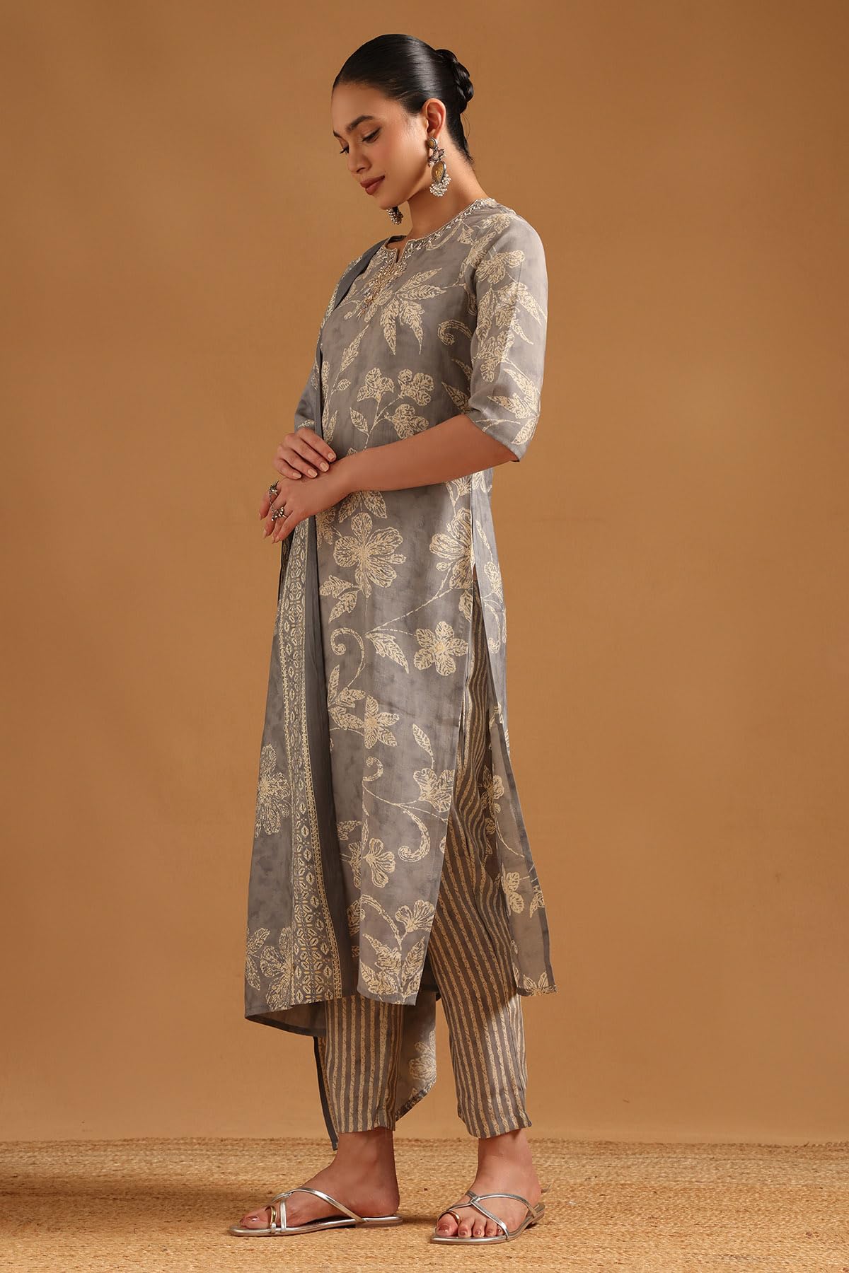 Soch Womens Grey Polyester Botanical Salwar Suit With Beads