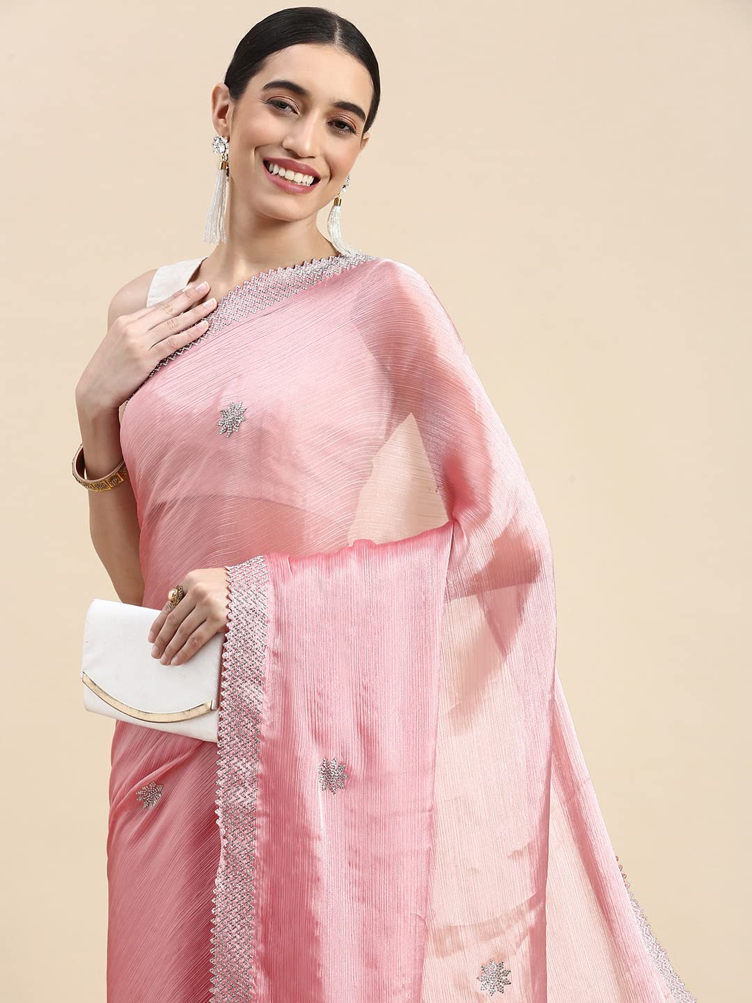 MOHEY Women's Saree, Suitable for Party, Anniversary & Wedding Sari for Women, All Over Boota, Bordered Chiffon (Pink)