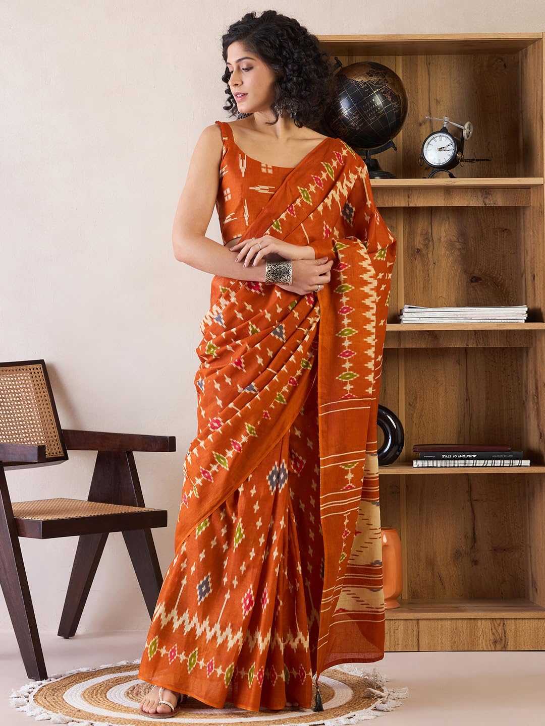 SAREE MALL Women's Orange Cotton Ikat Printed Ready To Wear one Minute Saree With Unstitched Blouse Piece(RTWMINAXI6301_SMC)