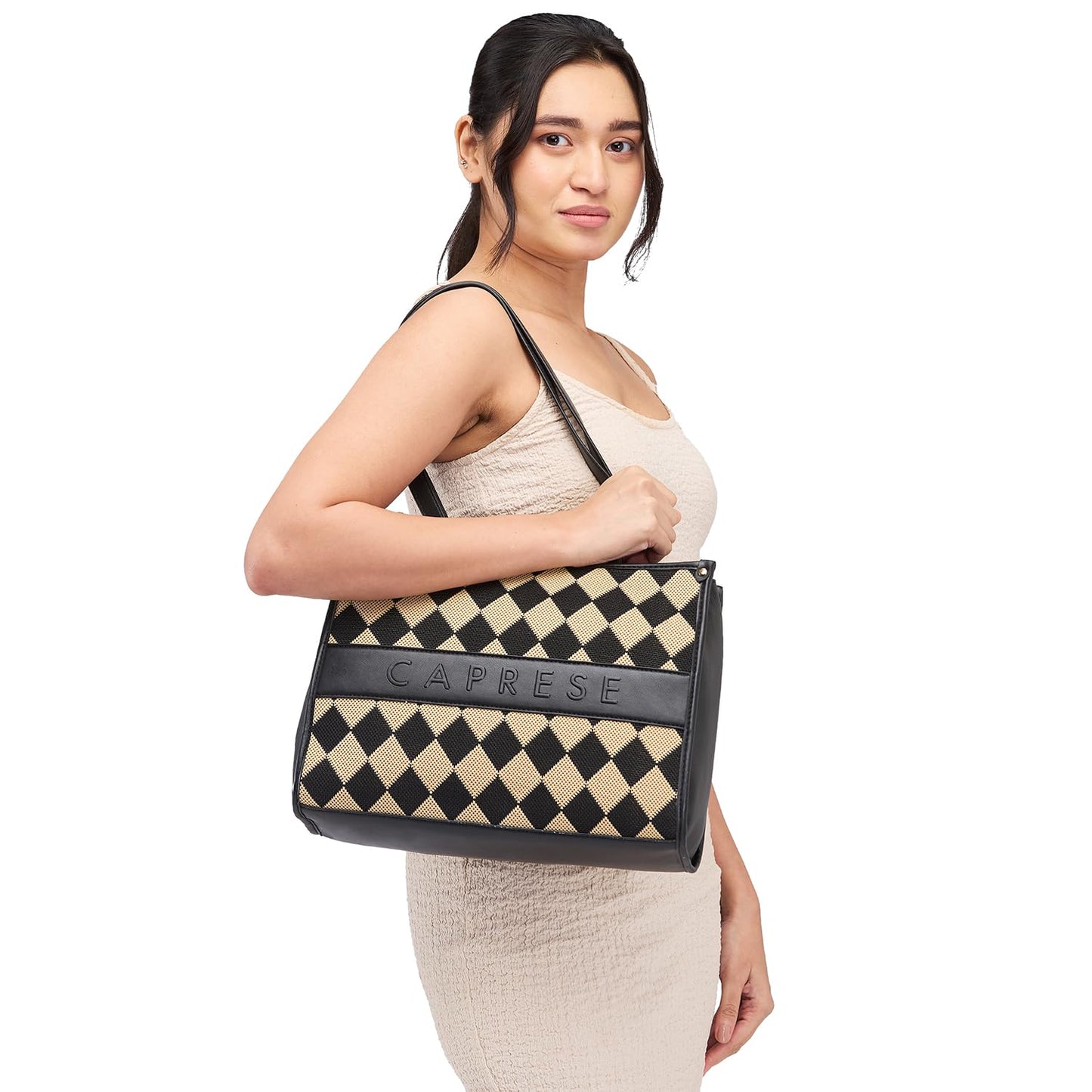 Caprese Checker Tote Bag, Medium-Black | Stylish Handbag for Women | Spacious, Versatile Office & Daily Essentials Tote | Top Zip Closure