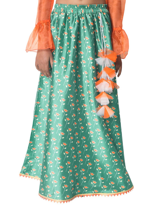 studio rasa Girls Poly Silk Printed Bias Kids Skirt for Wedding Party Festive(GSC12305/15-16_Light Green_15-16yrs)