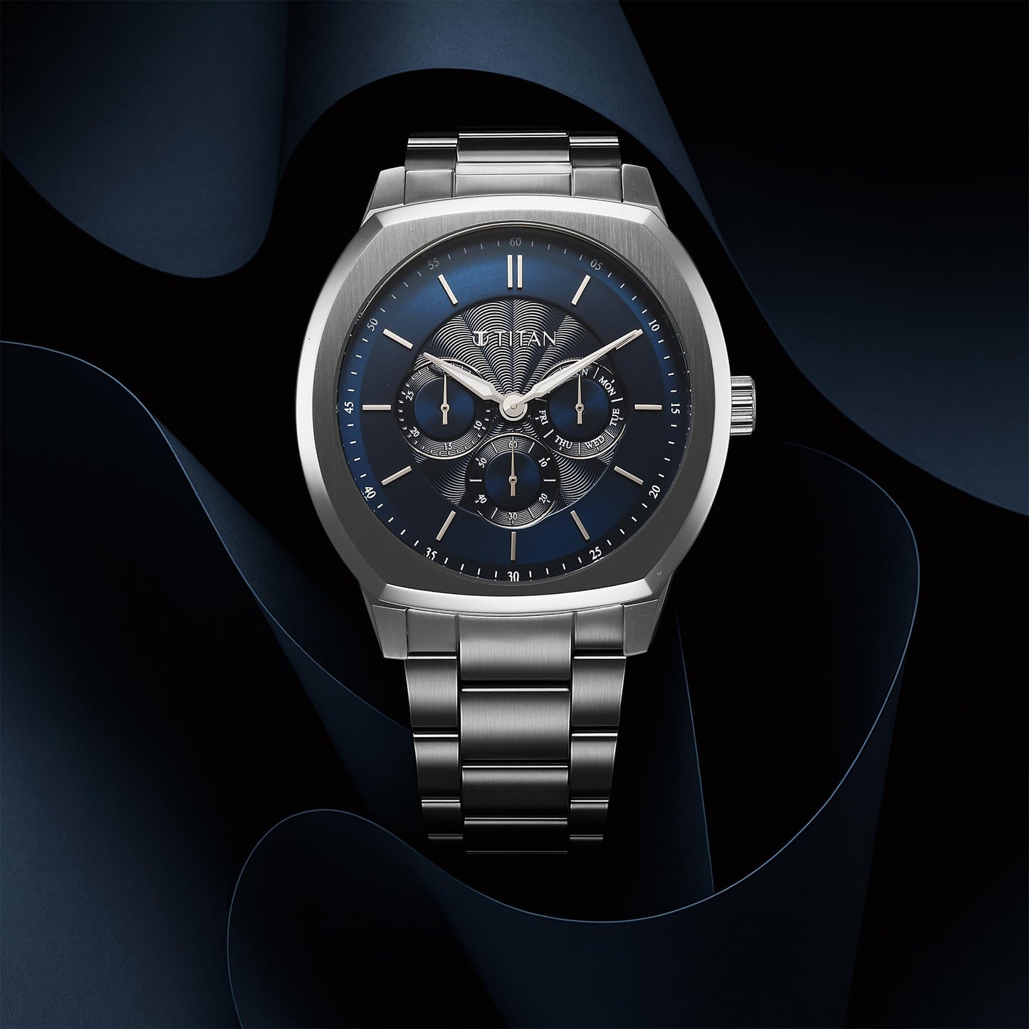 Titan Regalia Arc Analog with Day Date Second Subdial and Blue Dial Stainless Steel Strap Watch for Men - 90213SM01