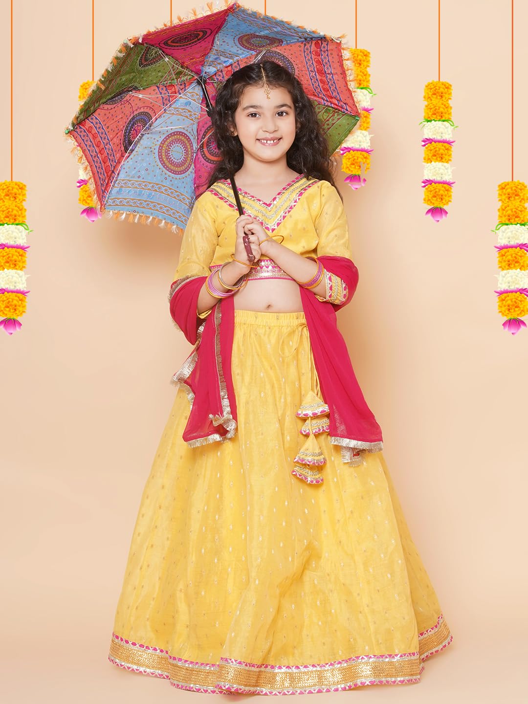 Bitiya by Bhama Girls Yellow Jacquard booti Lehenga Choli Ready to Wear with Pink Dupatta