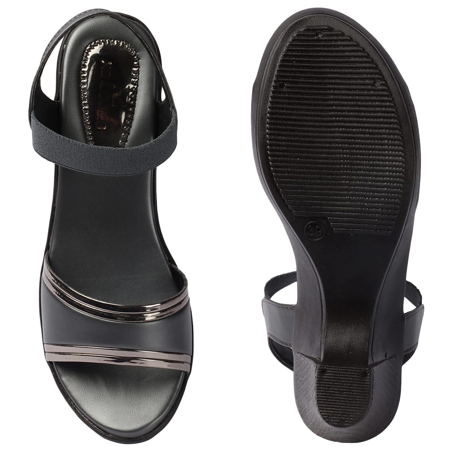 XE Looks Women's Grey Block Heel Sandals | Sleek Open-Toe Design with Elastic Strap | Comfortable and Trendy Heels For Girls & Women
