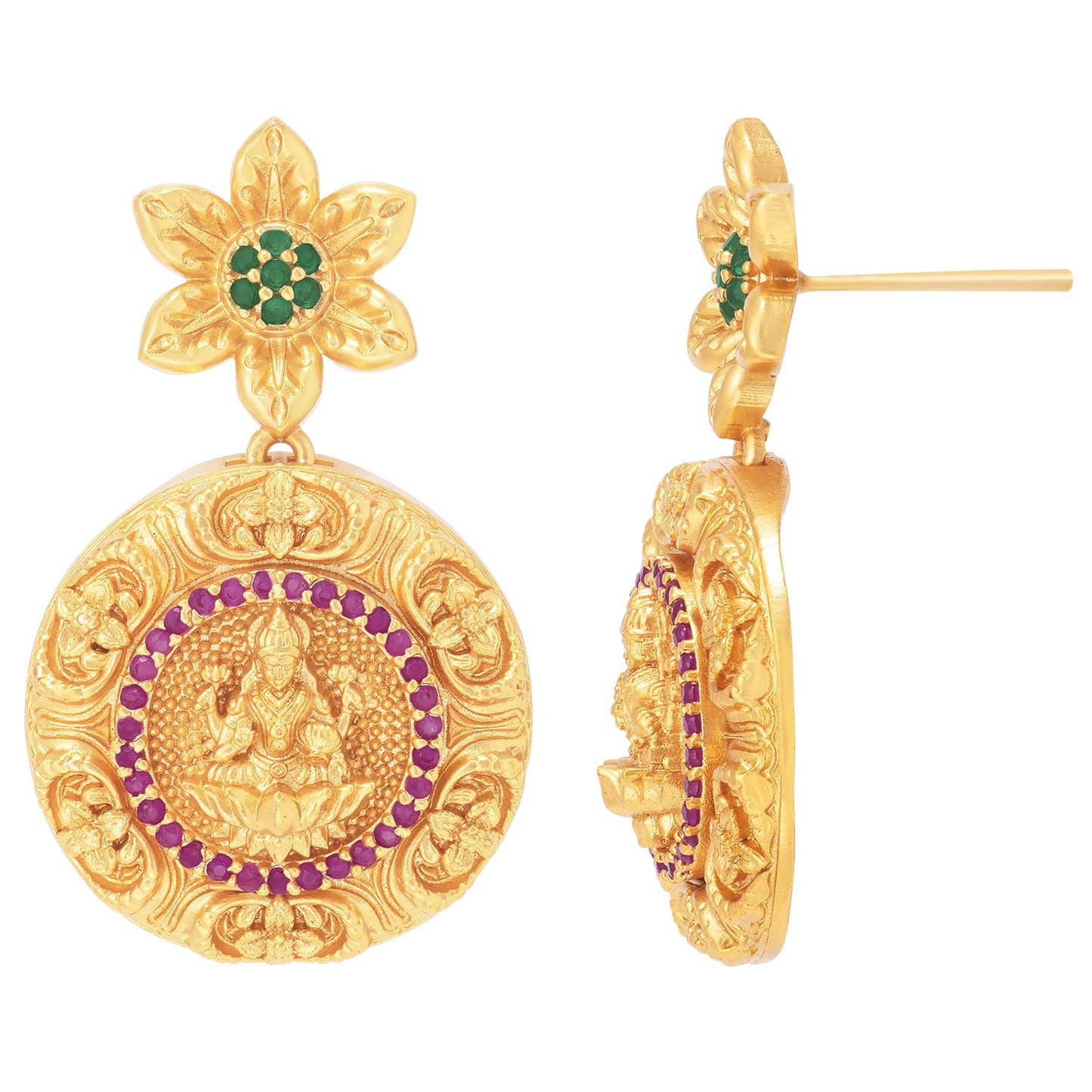 Peora Gold Plated Red Green Goddess Laxmi Stud Pendant Necklace Earring Temple Jewellery Set for Women