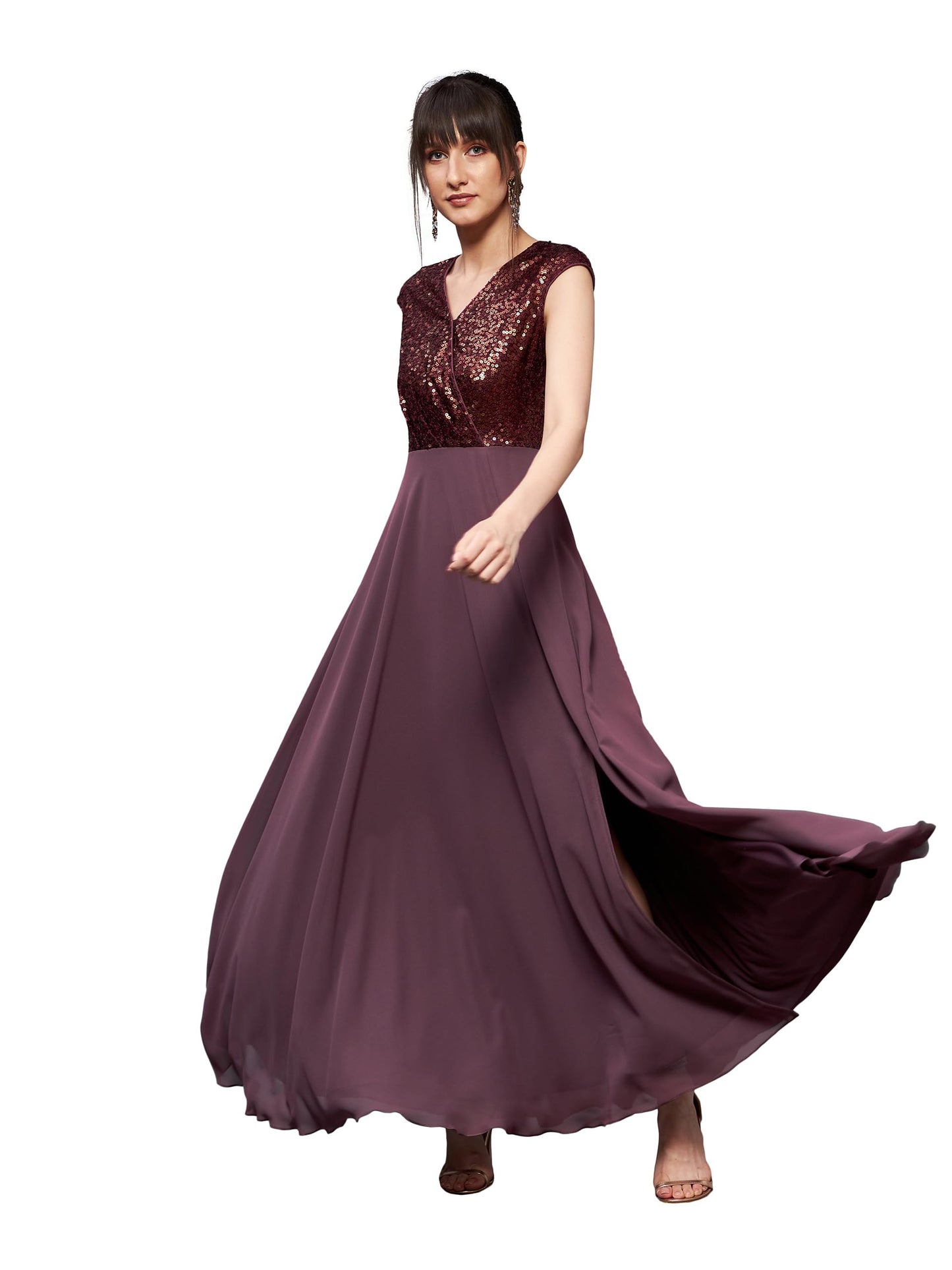 Miss Chase Women's Mauve & Wine V-Neck Sleeveless Embellished Wrap Maxi Dress (MCSS20D06-10-264-05, Mauve & Wine, L)