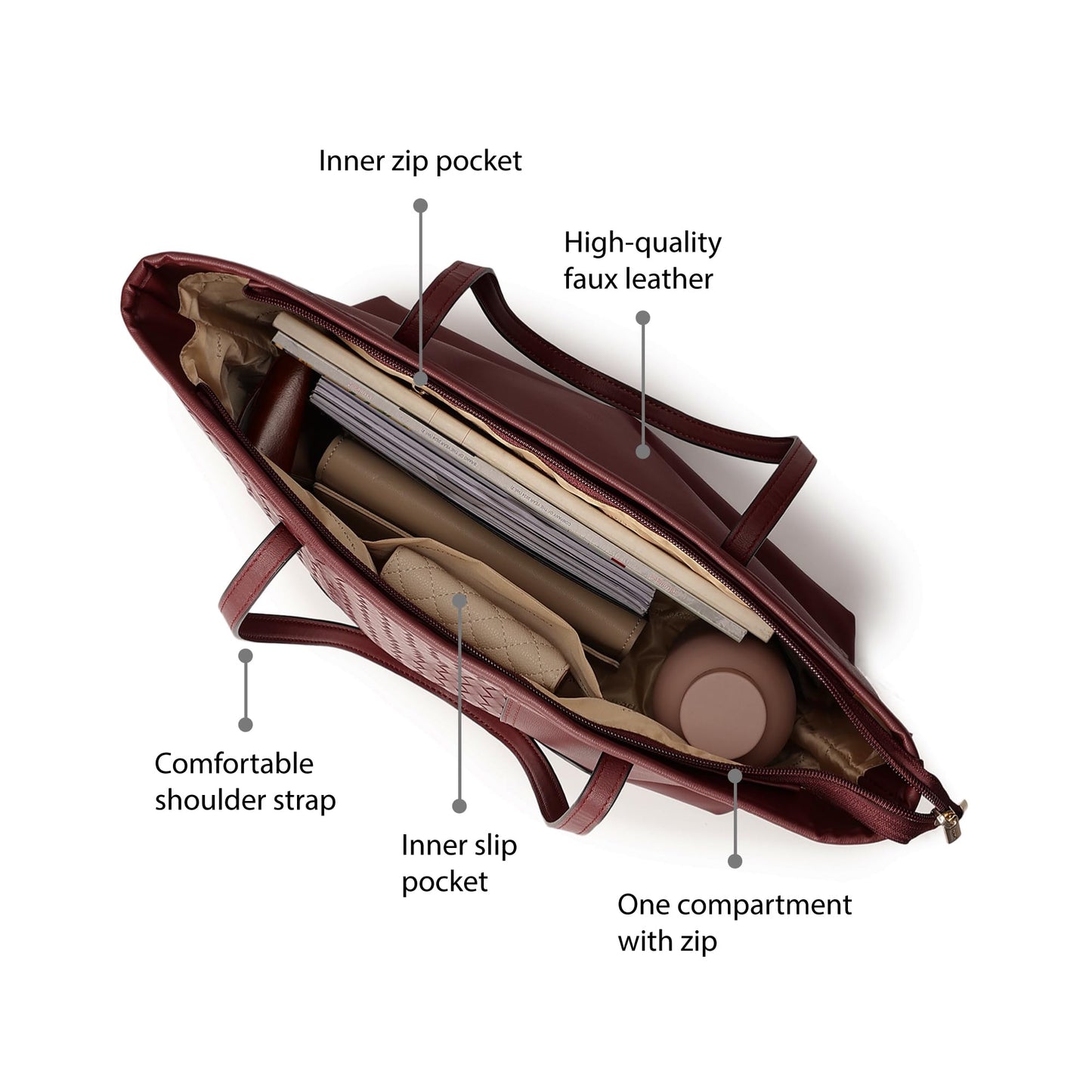 Fastrack Textured Quilted Weaving Tote Bag For Women | Fits Upto 15" Laptop | Trendy Faux Leather Tote With Zip Closure and Comfy Shoulder Straps | Spacious Handbag With Inner Pockets