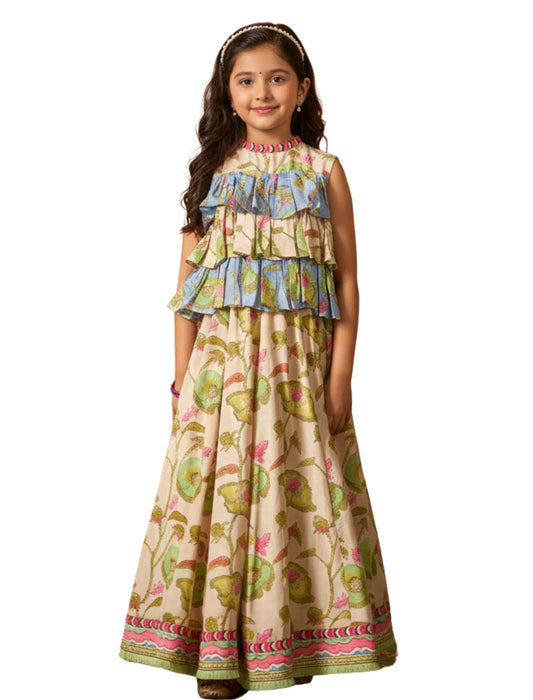 Naixa Girl's Rayon Floral Pattern Lehenga Choli Set with Sleeveless Round Neck and Elastic Closure Type| Ready to Wear Lehenga Choli Set