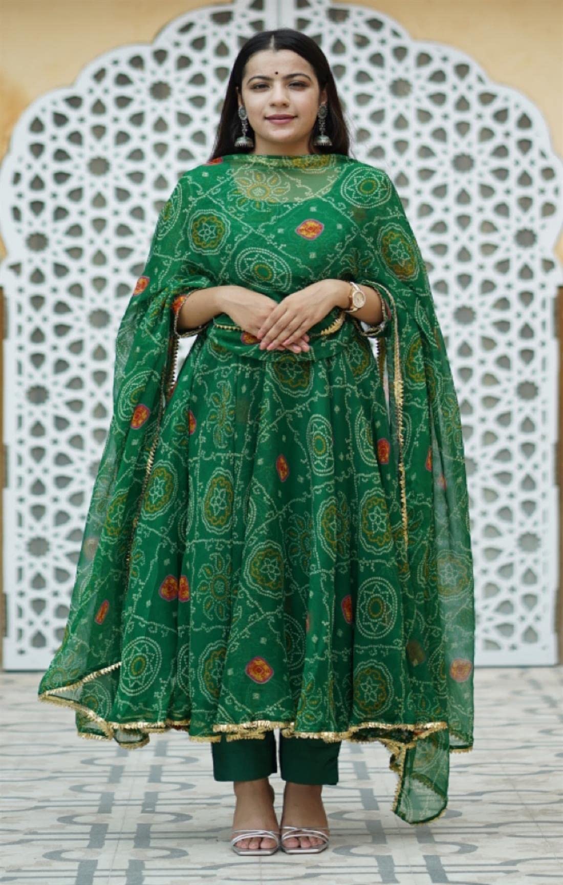 GoSriKi Women's Georgette Bandhani Printed Anarkali Kurta and Pant with Dupatta Set (Preeti Green_L-GS_Green_Large)