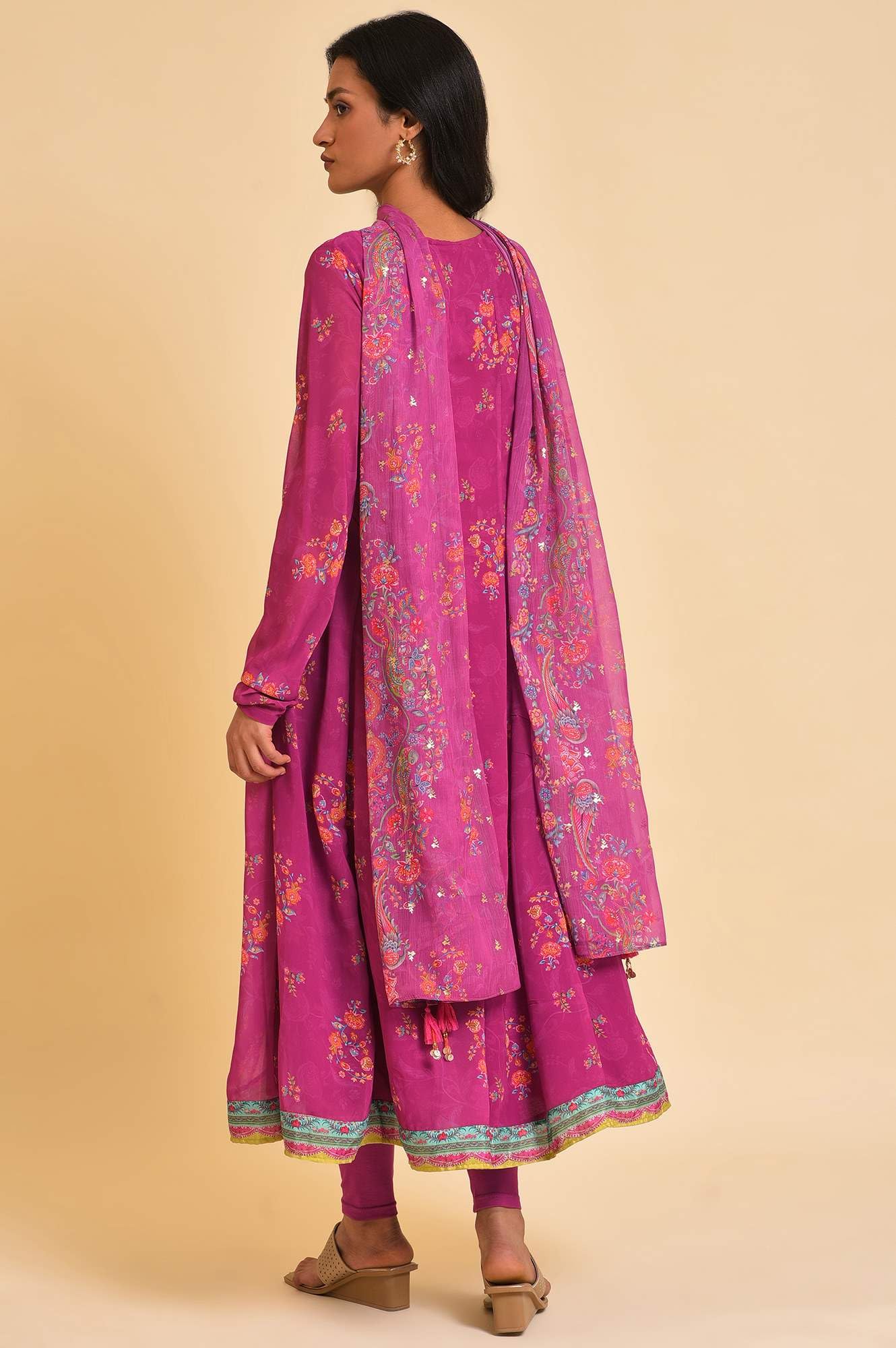 W for Woman Floral Calf Length Polyester Woven Women's Kurta Pant Dupatta Set (Dark_Pink, 3XL)