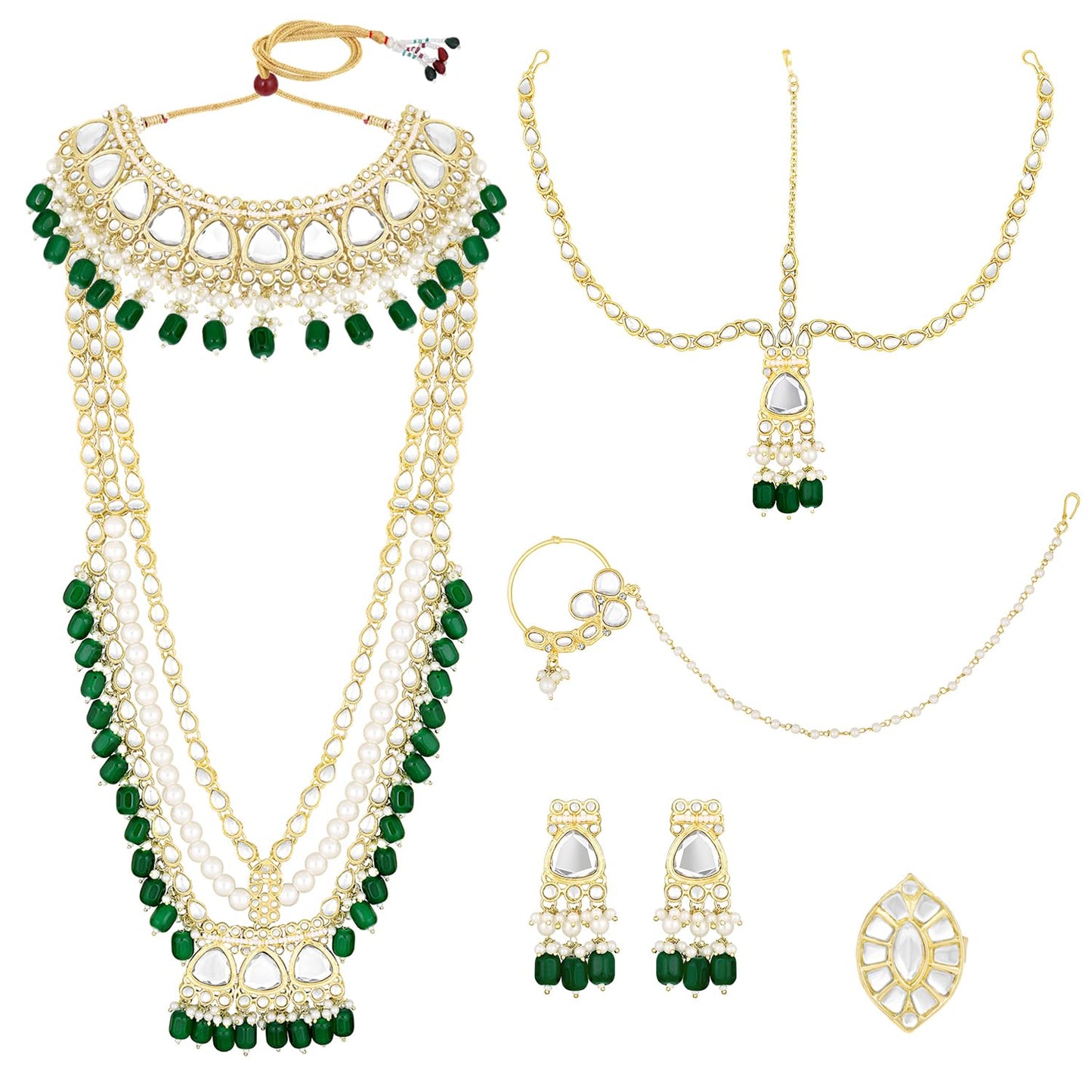 Peora Gold Plated Green Kundan Studded Choker Long Necklace Maangtikka Nathiya Earrings Finger Ring Bridal Jewellery Set for Women