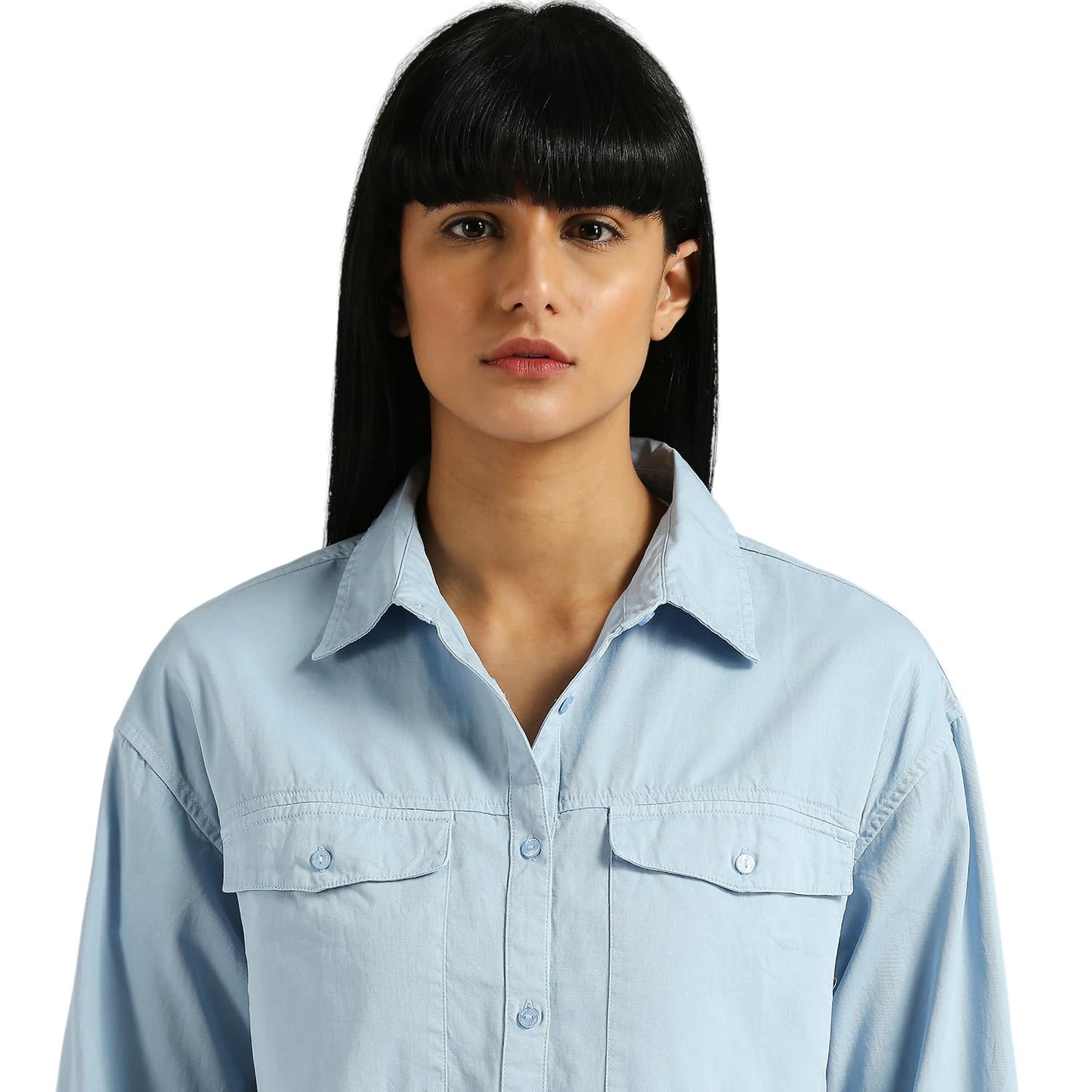 Pepe Jeans Women's Solid Relaxed Fit Shirt (PL304911_Blue