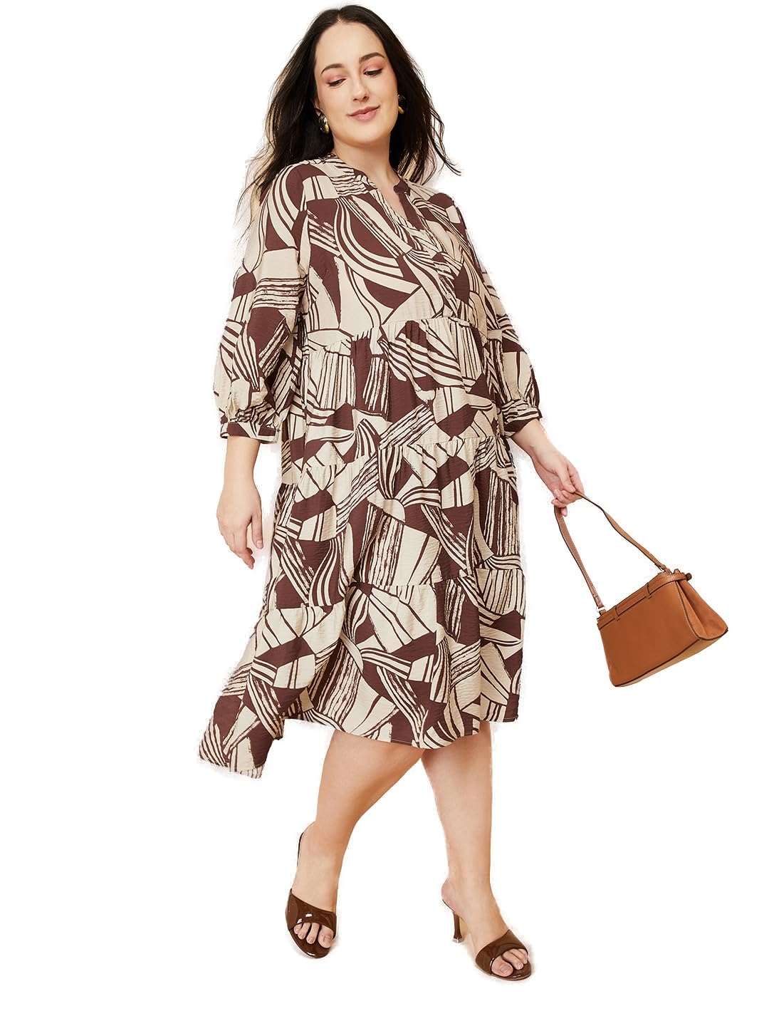 Max Women Printed Tiered Dress(Brown_3XL)