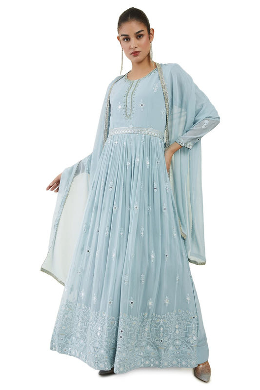 Soch Womens Powder Blue Georgette Gown with Embroidered Gowns and Embellishments - S