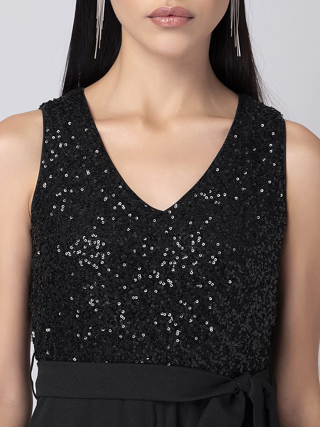 Faballey Black Sequin Sleeveless Belted Jumpsuit