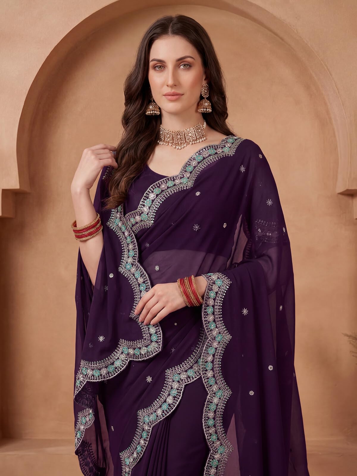 SIRIL Women's Chiffon Scalloped Border Embellished Sequins Embroidery Saree with Unstitched Blouse Piece (4995S1166A_Dark Wine)
