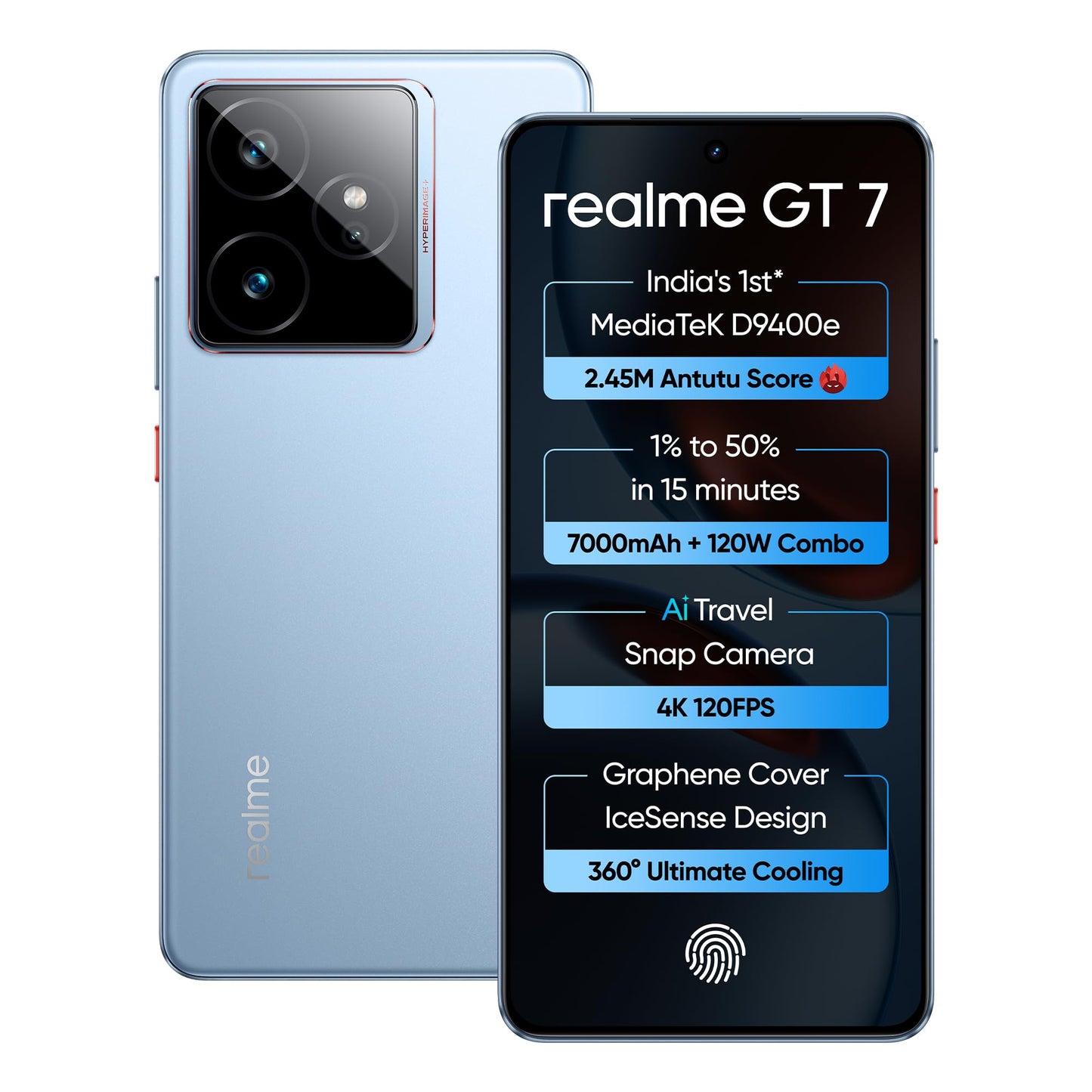 realme GT 7 (IceSense Blue,8GB+256GB) | India's 1st MediaTek Dimensity 9400e Chipset | Strongest Battery Combo 7000mAh + 120W | AI 4K 120FPS Travel Camera | 360° Cooling IceSense Design with Graphene