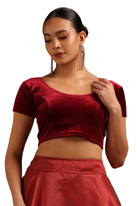 Soch Womens Velvet Half Sleeve Maroon Princess Cut Blouse, Medium