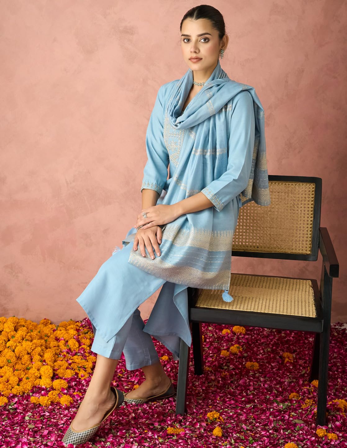 Hritika Blue Cotton Blend Sequined Embroidered Kurta with Pant and Dupatta_HRKBD0219LBLUE_M