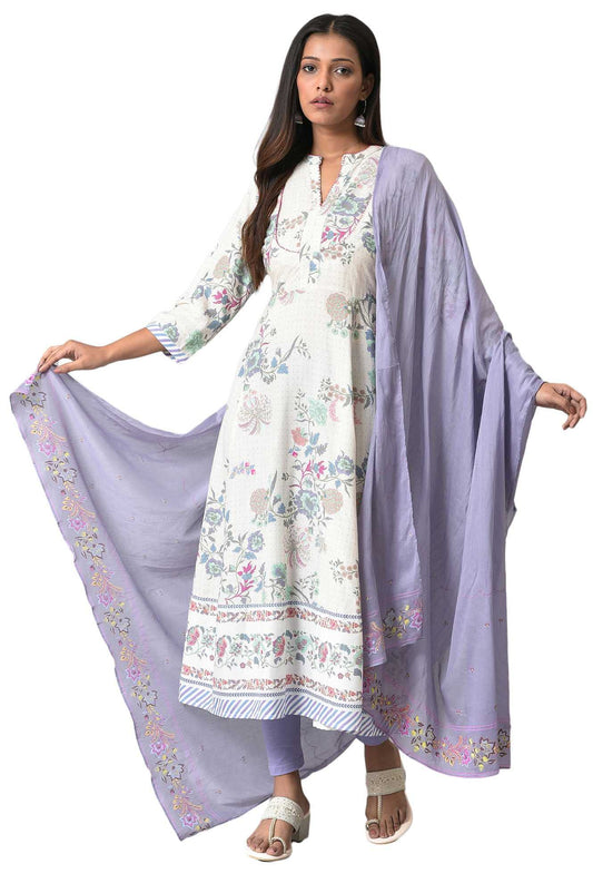 W for Woman Women Purple Cotton Floral Printed Dupatta, Free Size_WFS