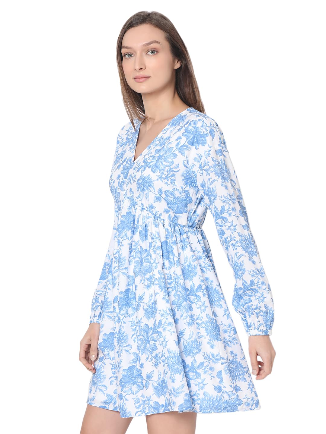 VERO MODA Women Floral Print Blue Polyester Above Knee Length Fit and Flare Dress
