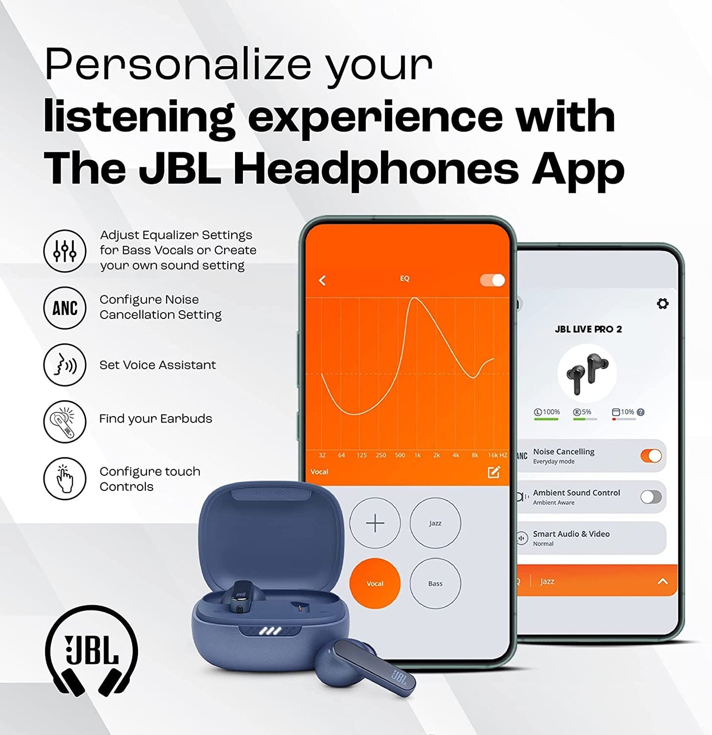 JBL Live Pro 2 Premium in Ear Wireless TWS Earbuds, ANC Earbuds, 40Hr Playtime, Dual Connect, Customized Bass with Headphones App, 6 Mics for Clear Calls, Wireless Charging, Alexa Built-in (Blue)