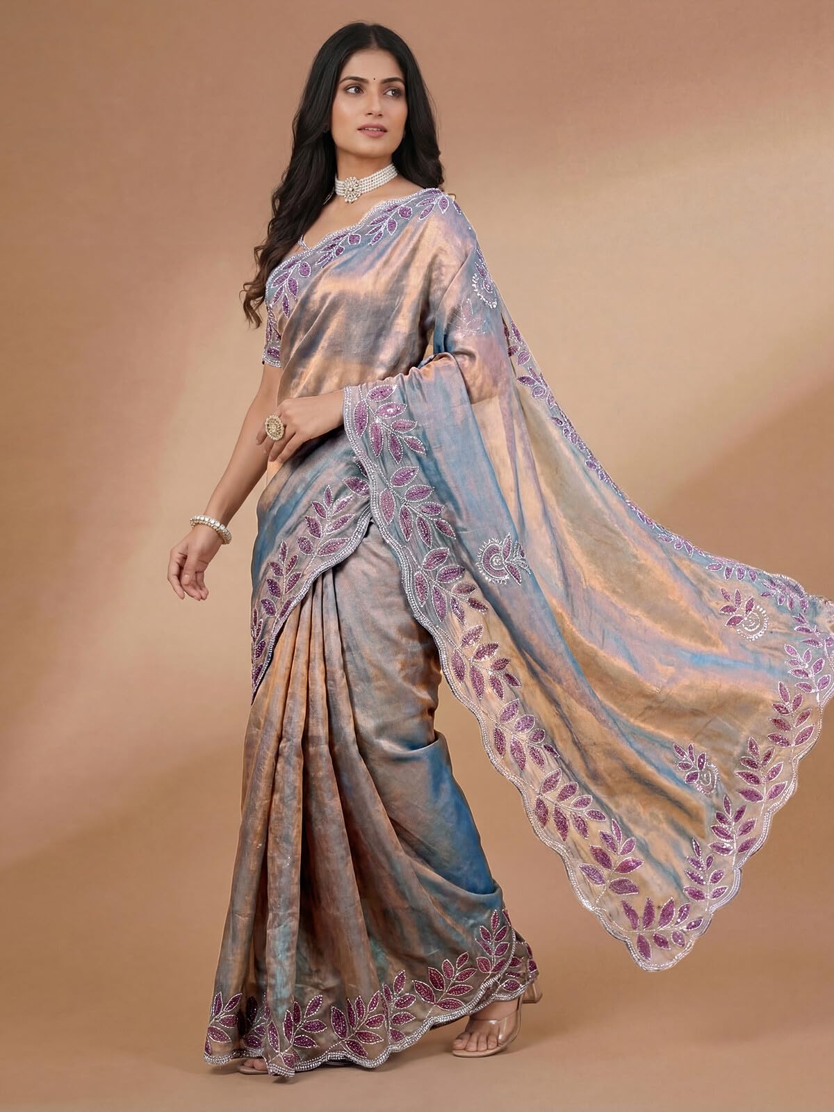 SIRIL Women's Shimmer Chiffon Scalloped Border Stone Work Embroidery Saree with Unstitched Blouse Piece (4974S941A_Lavender)