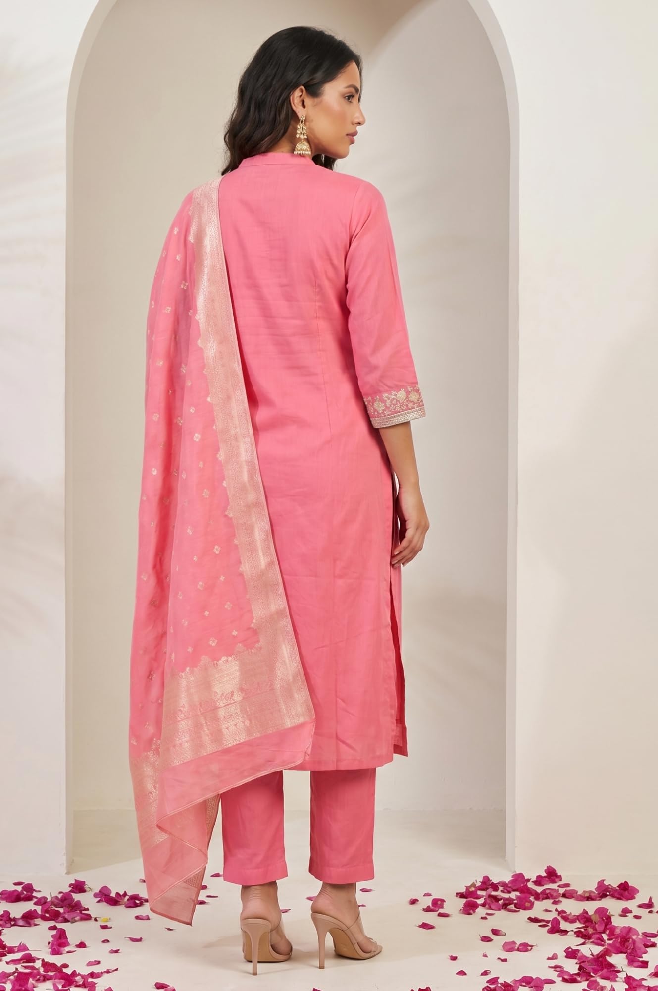 W for Woman Pink Embroidered Straight Kurta with Pants Set and jacquard Dupatta - (WS14009-225464-3XL)