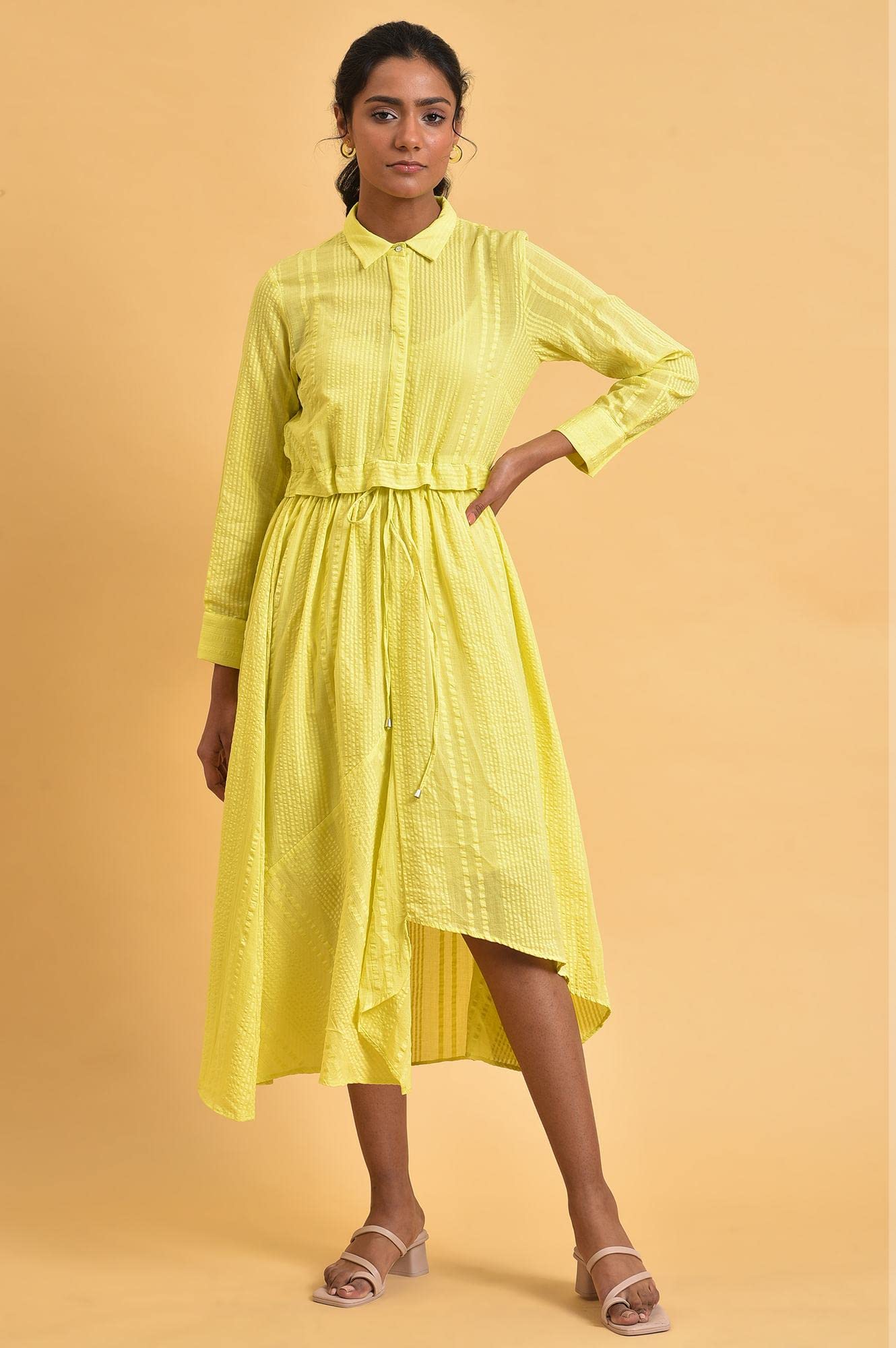 W for Woman Women's Cotton Green Gathered Shirt Collar Dress Calf Length (23FEW18705-312376_Celery 12)