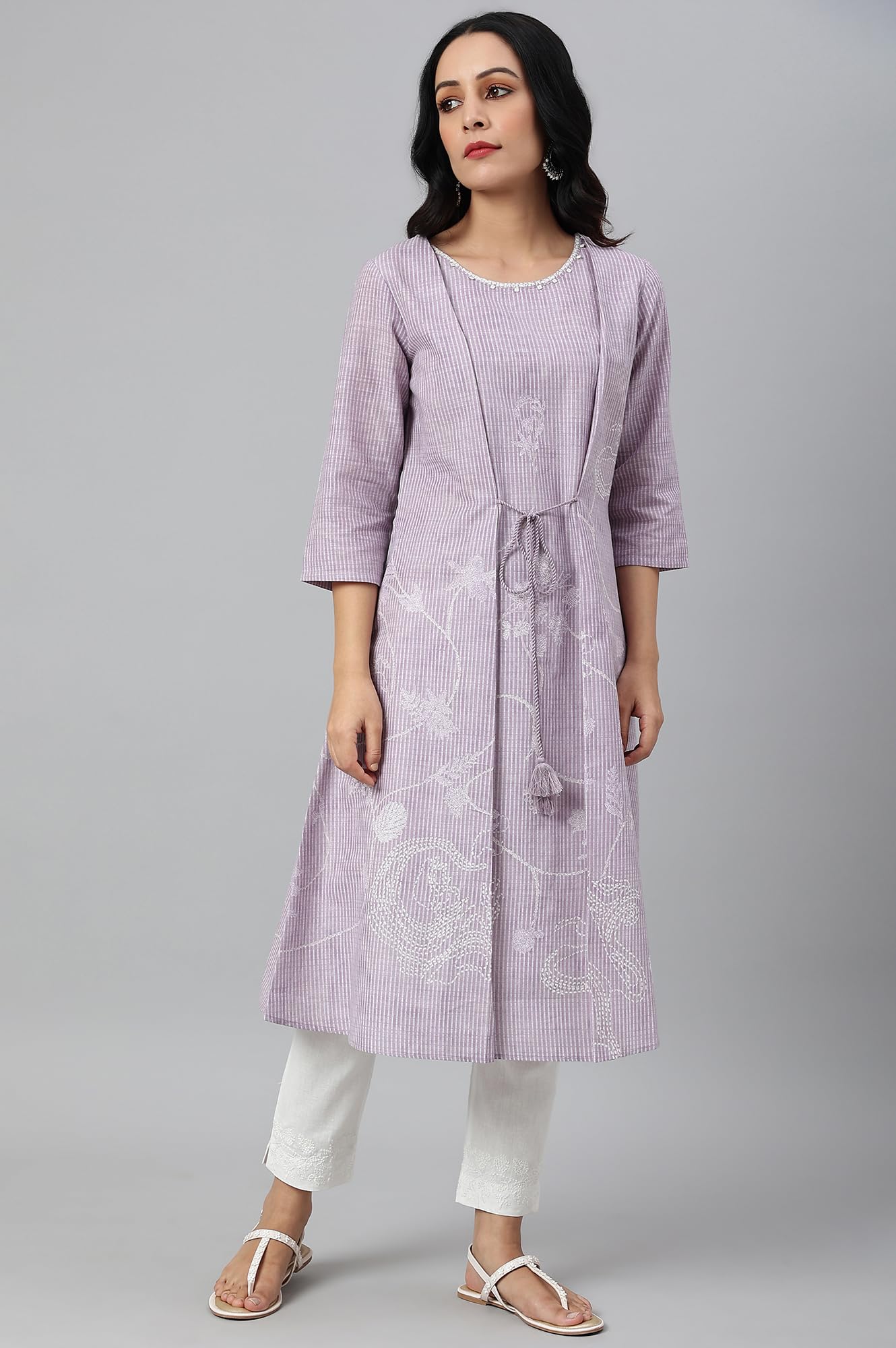 W for Woman Lilac Embroidered Mock Layer Kurta