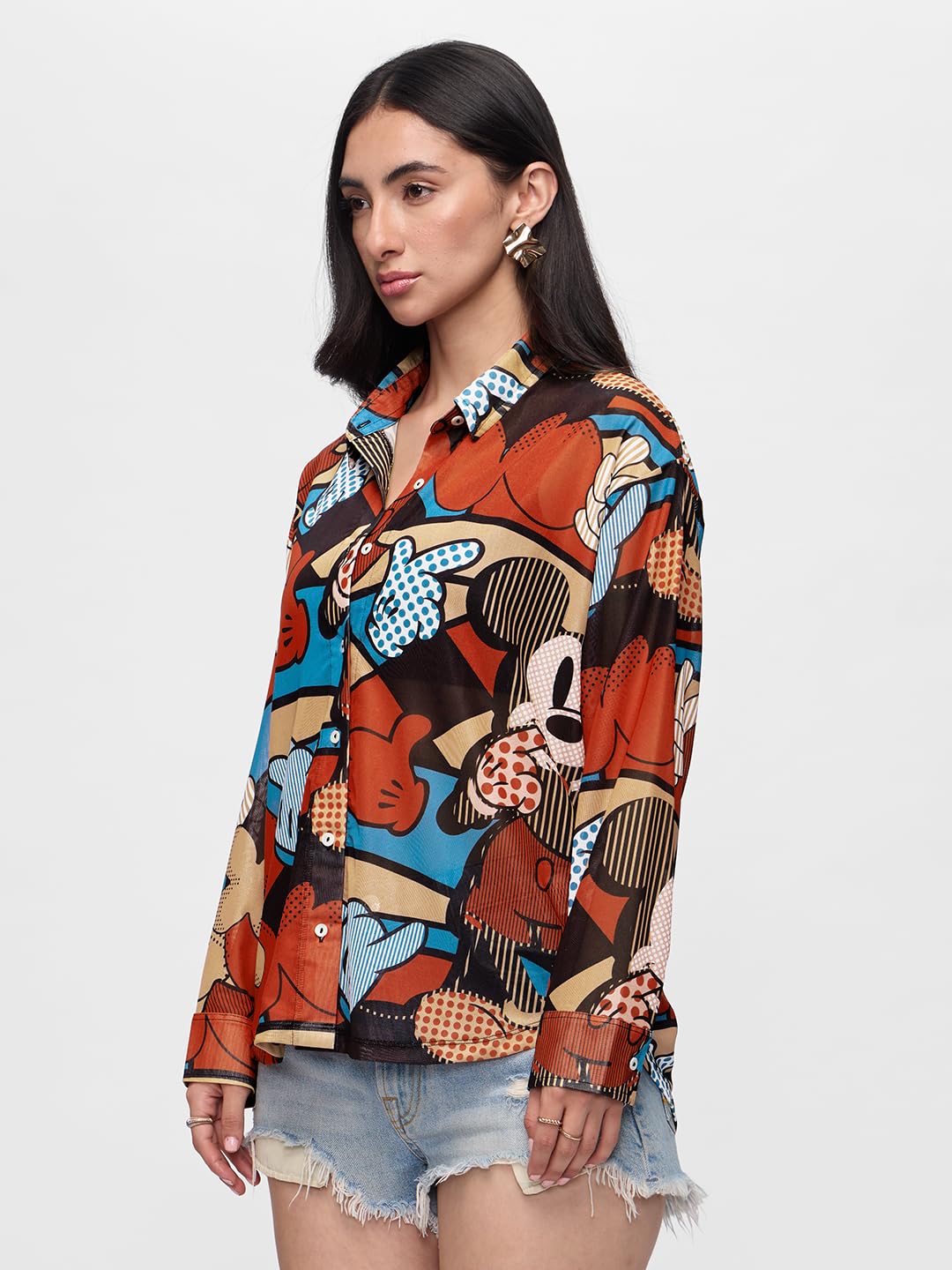 The Souled Store Mesh Shirt : Mickey Mouse Abstract Women and Girls Long Sleeve Collared Neck Button Down Multicolor All Over Printed Cotton Boyfriend Shirts Oversized Loose Fit Shirts Casual