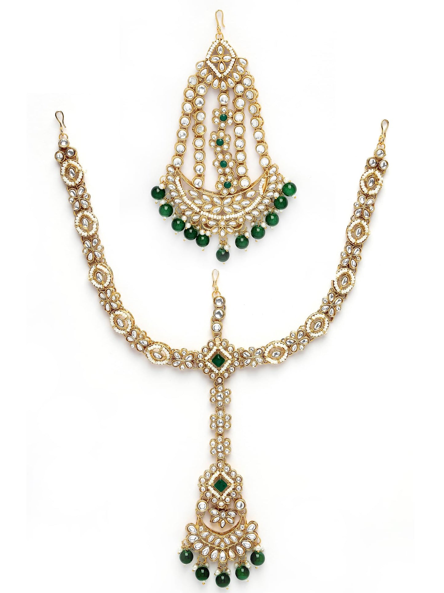 Karatcart Gold Plated Green Stone Handcrafted Traditional Kundan Dulhan Bridal Jewellery Set