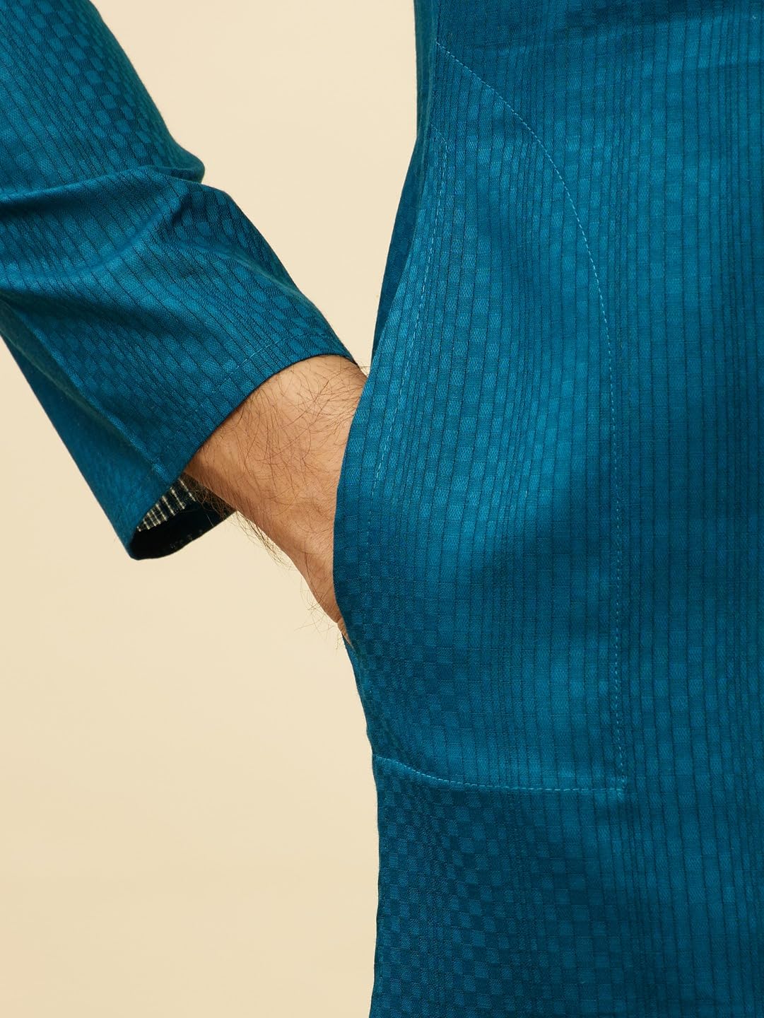 Manyavar Mens Blue Cotton Checks Kurta Pyjama Set