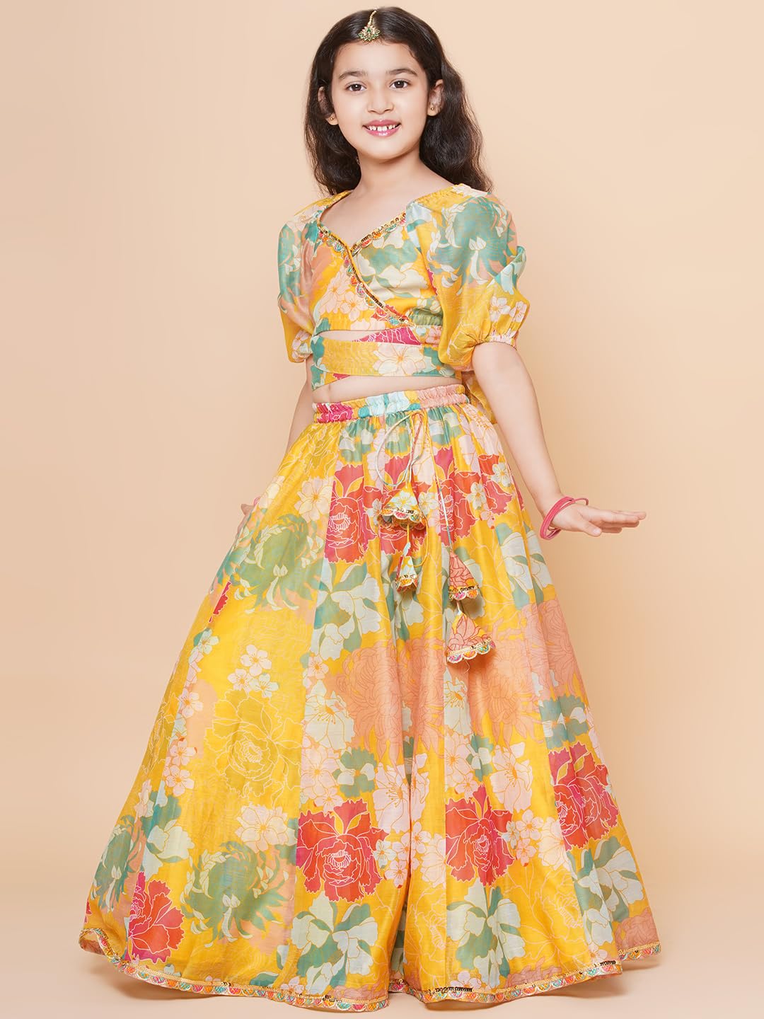 Bitiya by Bhama Girls Yellow Flower Digital Print Lace work Choli with Ready to wear Lehenga.