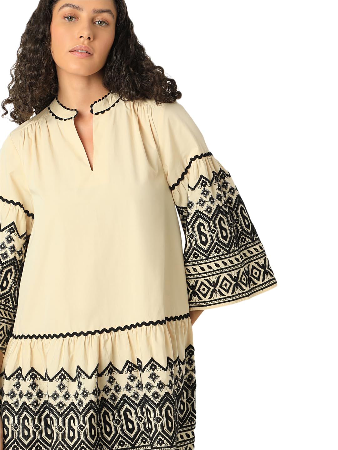 VERO MODA Women Embroidered Yellow Cotton Midi Length Fit and Flare Dress