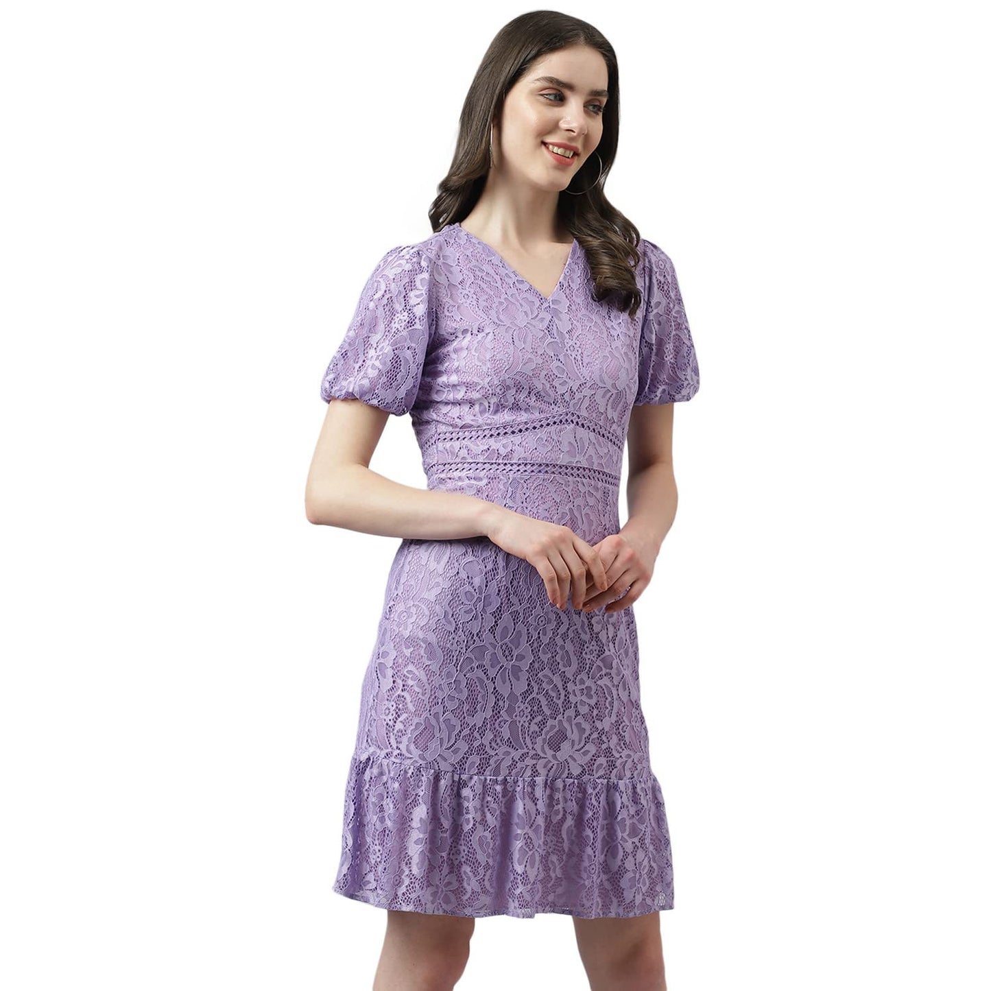 Latin Quarters Women's Lilac Self Design Lace Ruffle Short Dress_2XL