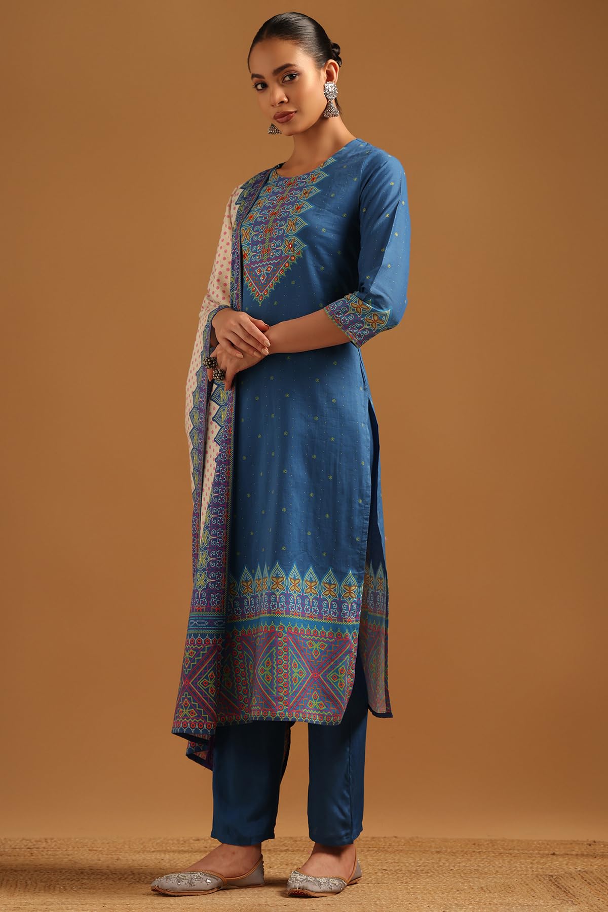Soch Womens Blue Cambric Floral Salwar Suit With Faux Mirror