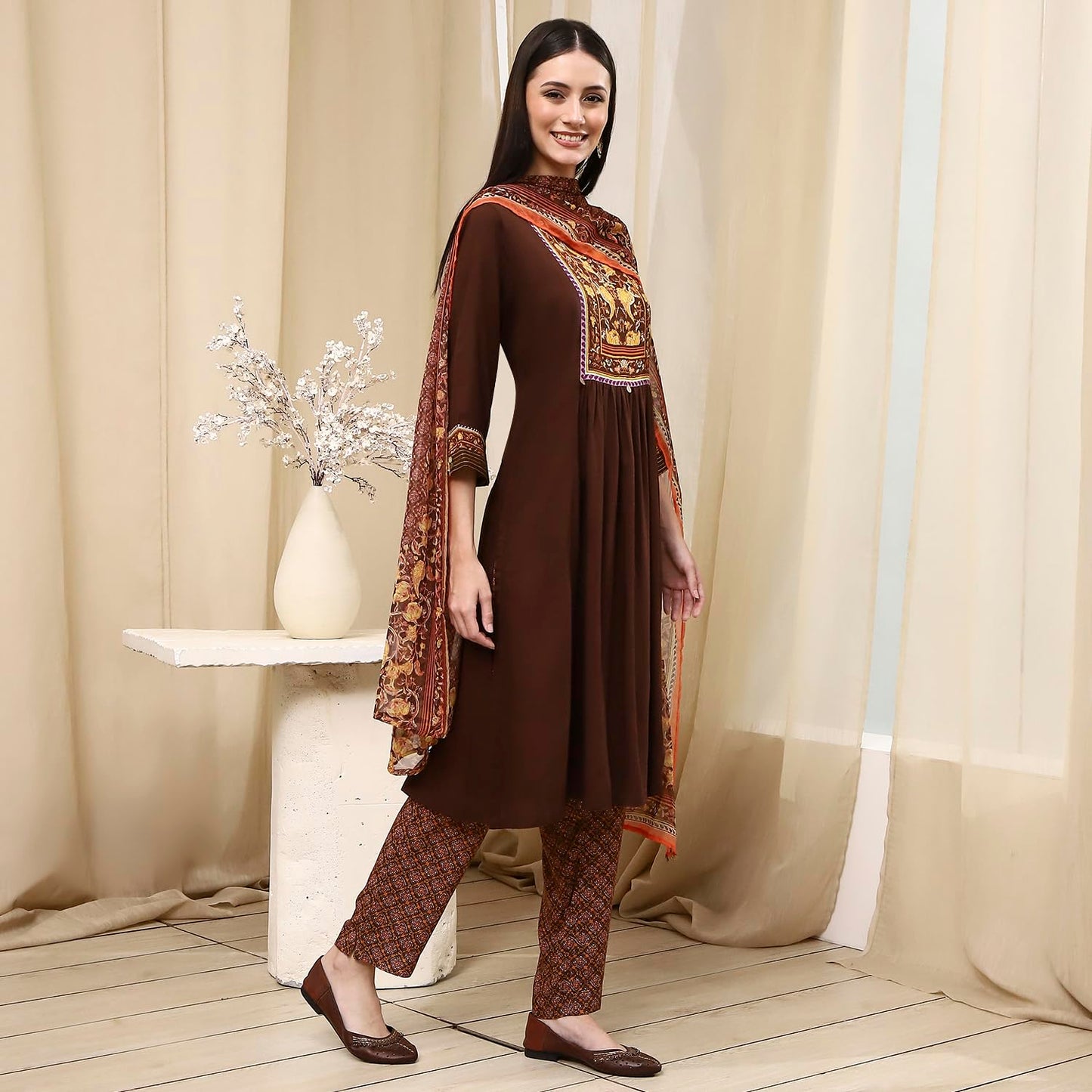 Biba Women's 30'S Rayon Kurta Set (SKDCHAR8178ESS25BRN_Brown